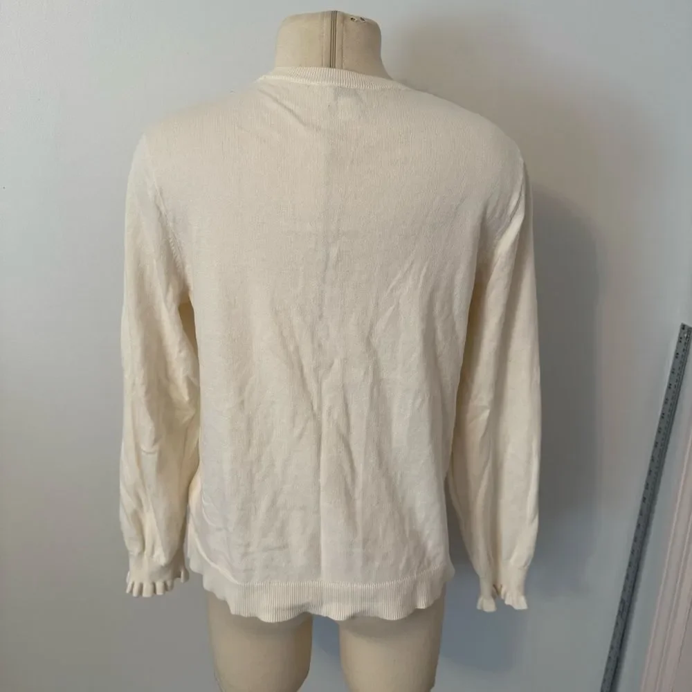 J. Crew Ivory Cotton Ruffle Rhinestone Sweater Size Large